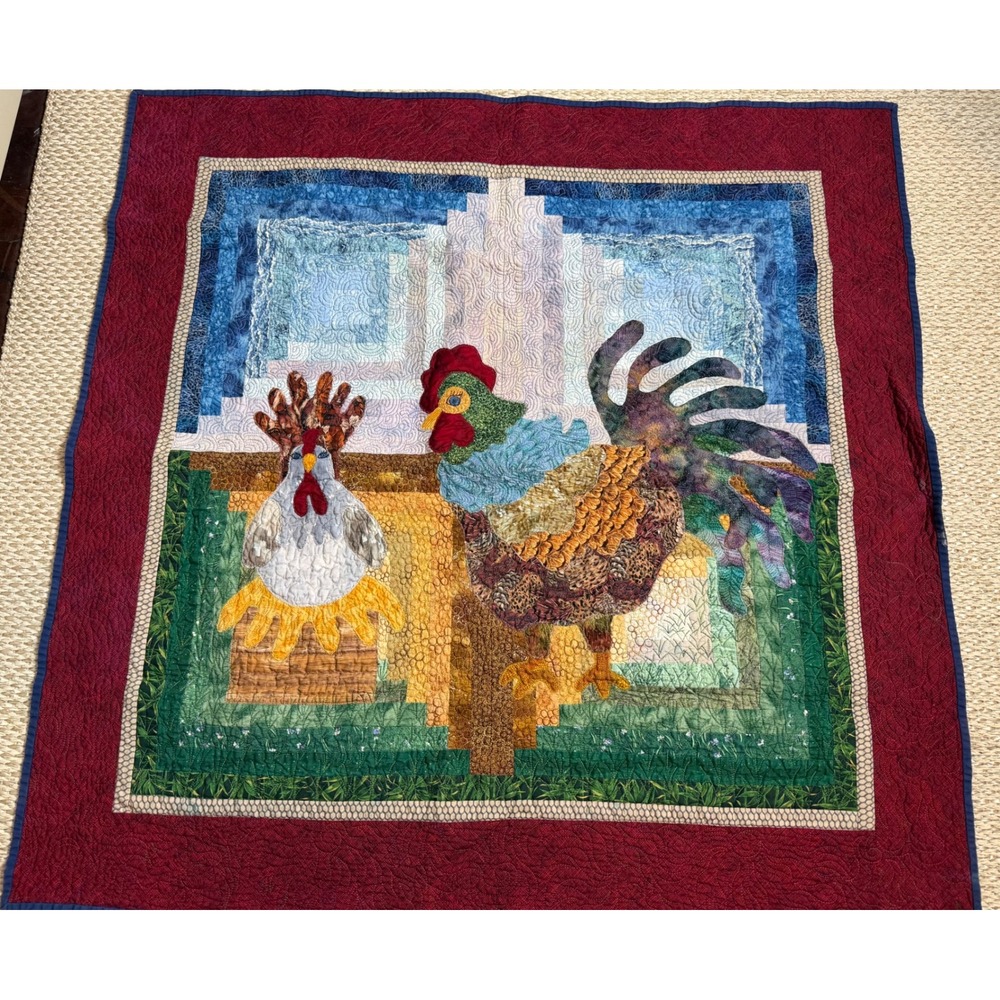 Handmade Quilted Rooster Hen folk art Farmhouse Art Quilt patchwork tapestry